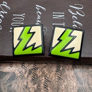 Vintage Lightning Bolt Statement Earrings Retro Pop Art Neon Green